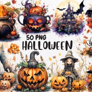 Clipart de Halloween con acuarela / 50 gráficos PNG, Jack-O-Lantern, bruja, fantasma, araña, murciélago, zombi, descarga instantánea para uso comercial