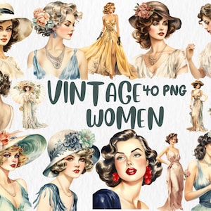 Imágenes prediseñadas de mujeres vintage en acuarela, ilustraciones clásicas, victorianas, retro y nostálgicas, gráficos PNG, descarga instantánea para uso comercial