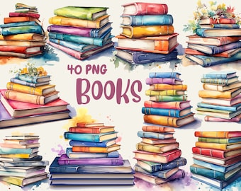 May include: A set of 40 watercolour illustrations of stacks of books in various colours and sizes. The books are arranged in different configurations, some with flowers on top. The text "40 PNG BOOKS" is in the centre of the image.