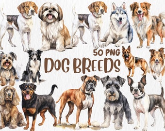 May include: A collection of 50 watercolor illustrations of different dog breeds. The illustrations are in a realistic style and feature a variety of breeds, including Golden Retrievers, German Shepherds, and Poodles. The illustrations are perfect for use in digital or printed projects.