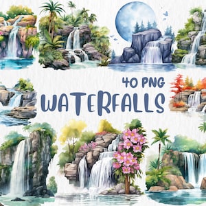 Clipart aquarel watervallen | Lentewaterval, bos, natuur, Mauntainlandschap Illustraties | Directe download voor commercieel gebruik