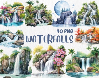 Watercolor Waterfalls Clipart: Forest Landscape Illustrations (Digital Download)