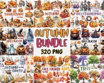 Watercolor Autumn Clipart Bundle: Fall, Halloween, Thanksgiving (320 PNG) (Commercial Use)