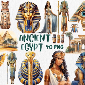 Imágenes prediseñadas del Antiguo Egipto en acuarela: Cleopatra, Ojo de Horus, Pirámides, Faraón, Esfinge. Descarga instantánea para uso comercial.