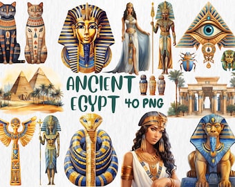 Watercolor Ancient Egypt Clip Art: Pharaoh, Cleopatra, Pyramids (Instant Download)