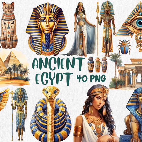 Aquarell Altes Ägypten Clip Art | Kleopatra, Auge des Horus, Pyramiden, Pharao, Sphinx Illustration | Sofortiger Download für kommerzielle Nutzung