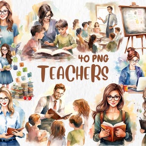 Aquarelle professeurs des cliparts | Illustrations : école, salle de classe, tableau, élève, articles pédagogiques | Téléchargement instantané pour une utilisation commerciale