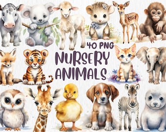 Watercolor Nursery Animals Clipart: 40 PNG Illustrations (Instant Download)