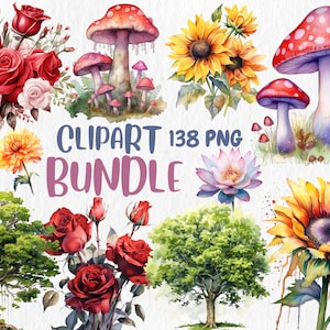 Mega Bundle de Clipart de Aquarela | 138 Gráficos PNG | Árvores, Girassóis, Cogumelos, Rosas Vermelhas, Flores | Download Instantâneo para Uso Comercial