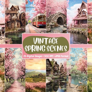 Vintage Spring Scenes Digital Paper | Floral Paper Background, Spring Paper Backdrops, Printable, Download for Journals & Scrapbooking