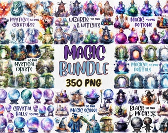 Watercolor Magic Clipart Bundle: Mystical Creatures, Potions, Wizards (Instant Download)