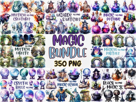 Watercolor Magic Clipart Bundle: Mystical Creatures, Potions, Wizards (Instant Download)