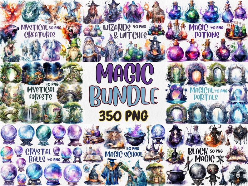 Watercolor Magic Mega Clipart Bundle | Mystical Forests, Fantasy Portals, Wizards, Witches, Potion| Instant Download for Commercial Use