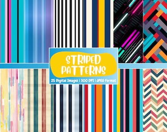 May include: A collection of 25 digital striped patterns in JPEG format. The patterns include various colors and styles, such as watercolor, geometric, and neon.