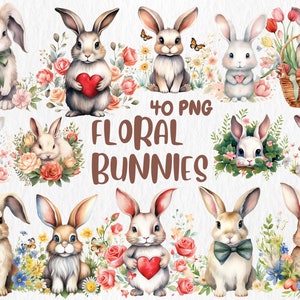 Watercolor Floral Bunnies Clipart: Spring Animal Illustrations (Instant Download)