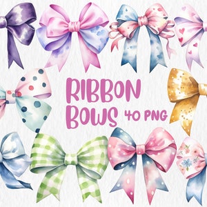 Aquarell Band Bögen Clipart | Bunt, Rosa, Blau Schleifen, Kinderzimmer Dekor, Weihnachtsschleifen Illustrationen | Sofort Download für kommerzielle Nutzung