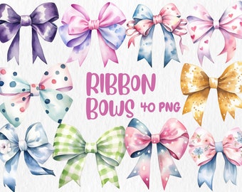 Watercolor Ribbon Bows Clipart: Colorful Bow Illustrations (Instant Download)