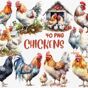 Imágenes prediseñadas de pollos en acuarela: ilustraciones de asadores, pollitos, gallineros, nidos, patios y granjas. Descarga instantánea para uso comercial.