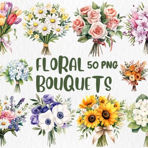 Clipart di bouquet floreali ad acquerello / Fiori primaverili, bouquet da sposa, rose, peonie, illustrazioni di tulipani / Download immediato per uso commerciale