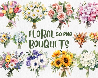 Imágenes prediseñadas de ramos florales de acuarela: flores de primavera PNG (descarga digital)