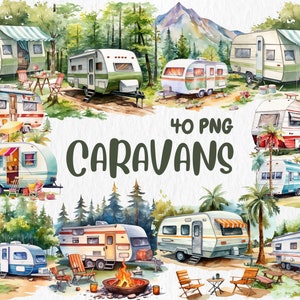Clipart aquarel caravans | Kamperen, avontuur, natuur, reizen Illustraties | Transparant png-bestand | Directe download voor commercieel gebruik