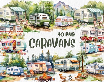 Watercolor Caravan Clipart: Camping Adventure PNG (Instant Download)