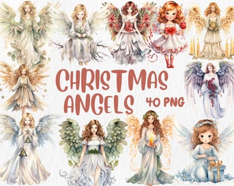 Watercolor Christmas Angels Clipart: Holiday PNG Illustrations (Instant Download)
