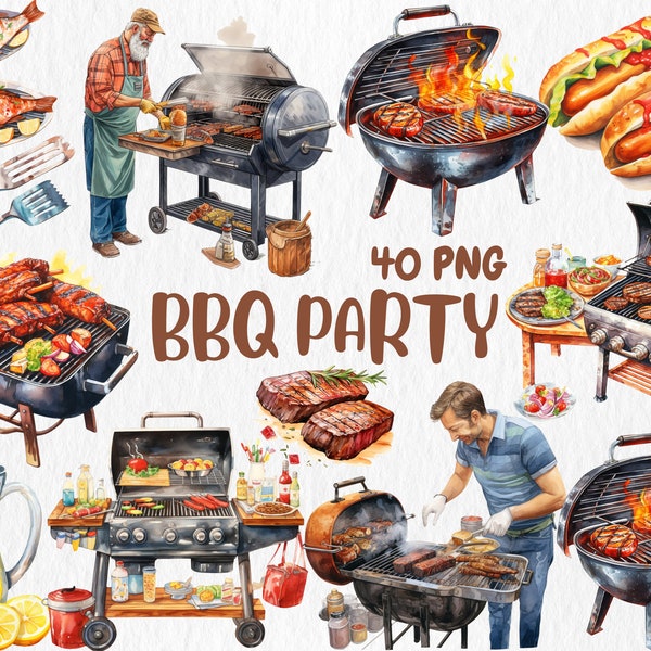 Watercolor BBQ Party Clipart | Backyard BBQ Grill, American Culture, Barbecue, Hot Dog Illustrations | Instant Download for Commercial Use