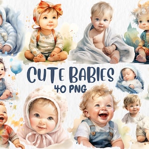 Imágenes prediseñadas de bebés lindos en acuarela, bebé sonriente, bebé durmiendo, ilustraciones de bebés dulces, 40 imágenes PNG separadas, descarga instantánea para uso comercial