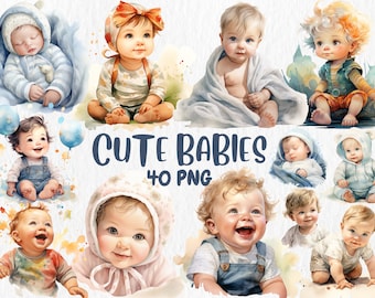 Watercolor Cute Babies Clipart, Smiling, Sleeping baby, Sweet baby Illustrations, 40 Separate PNG Image, Instant Download for Commercial Use