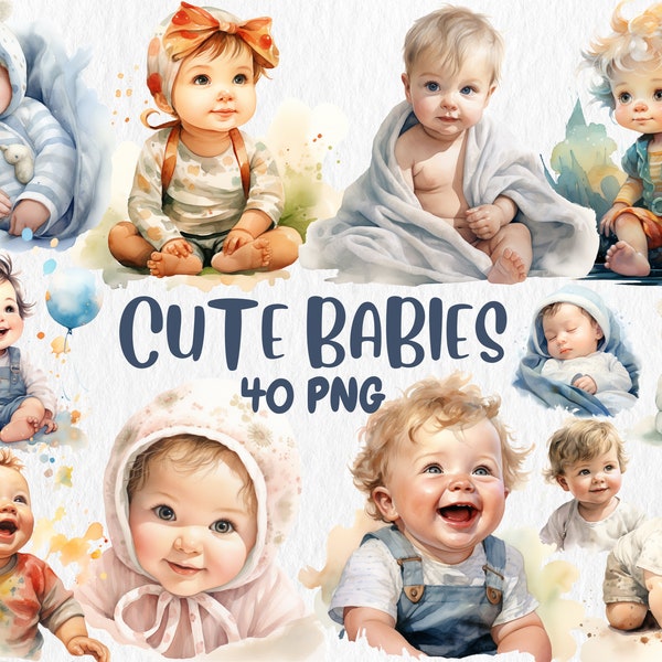 Watercolor Cute Babies Clipart, Smiling, Sleeping baby, Sweet baby Illustrations, 40 Separate PNG Image, Instant Download for Commercial Use