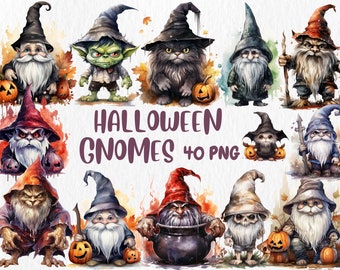Könnte beinhalten: Ein Set mit 12 Aquarell-Illustrationen von Halloween-Gnom. Die Gnome sind in verschiedenen Posen dargestellt und tragen verschiedene Kostüme, darunter eine Hexe, ein Kobold, eine Katze und ein Skelett. Die Gnome halten Kürbisse, Kessel und andere Halloween-Accessoires in der Hand. Die Illustrationen sind in einem verspielten Stil mit leuchtenden Farben und filigranen Details gemalt. Der Text "HALLOWEEN GNOMES 40 PNG" ist im Bild enthalten.
