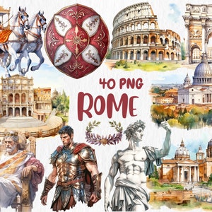 Clipart acquerello Roma / Impero Romano, Carro, Colosseo, Città del Vaticano, Illustrazioni di viaggio / Download immediato per uso commerciale