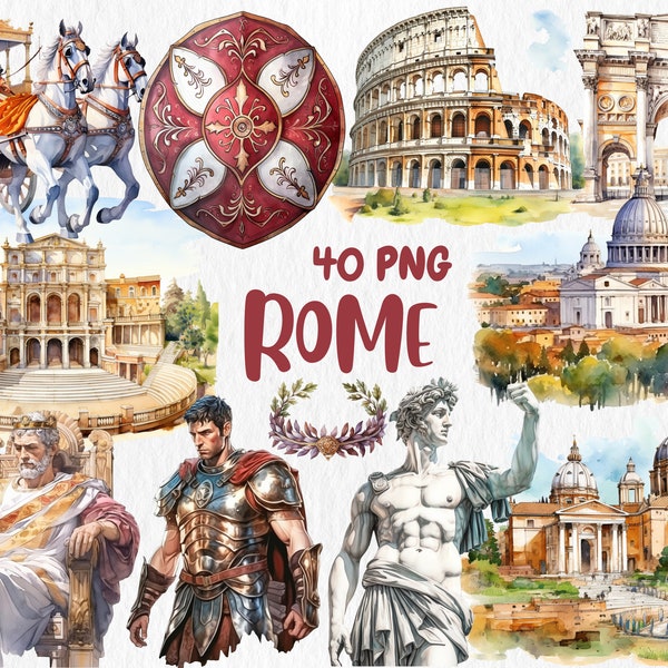 Aquarel Rome Clipart | Romeinse rijk, strijdwagen, Colosseum, Vaticaanstad, reisillustraties | Direct downloaden voor commercieel gebruik