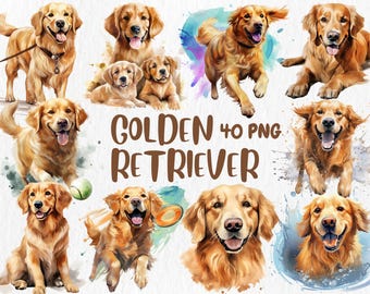 Watercolor Golden Retriever Clipart: 40 Dog PNG Files (Digital Download)