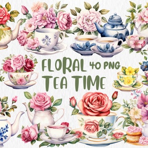 Aquarell Blumen Tea Time Clipart | Vintage Teetasse, Tea Time, Tee-Party, Nachmittagstee Illustrationen | Sofort Download für kommerzielle Nutzung