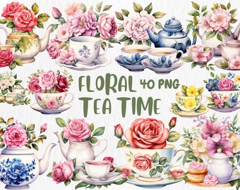 Watercolor Floral Teacup Clipart: Vintage Tea Party Illustrations (Digital Download)
