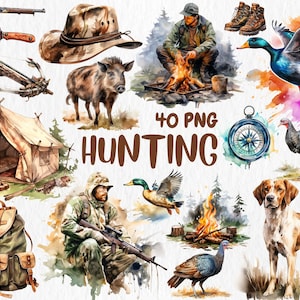 Clipart de caça em aquarela | Aventura ao ar livre, caça de veados e patos, rifle, barraca, ilustrações de faca | Download instantâneo, uso comercial