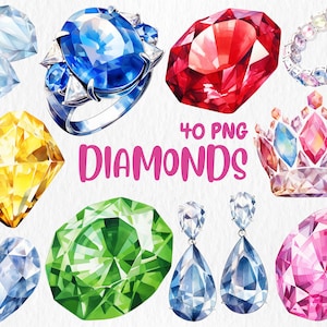 Watercolor Diamonds Clipart: Gemstone Illustrations (Instant Download)