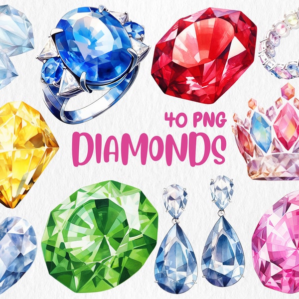 Watercolor Diamonds Clipart | Jewelry, Wedding Ring, Colorful Gems, Gemstone, Crystal Illustrations | Instant Download for Commercial Use