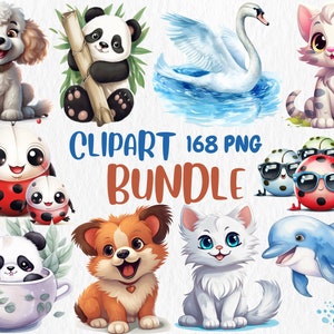 Watercolor Clipart Mega Bundle | 168 PNG Images, Cute Animals, Kittens, Puppies, Ladybugs, Pandas Clipart | Instant Download, Commercial Use