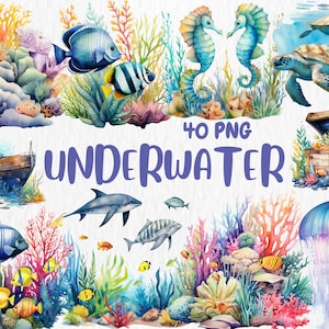 Imágenes prediseñadas submarinas en acuarela / Ilustraciones submarinas, mar mágico, plantas acuáticas, vida de coral / Descarga instantánea para uso comercial