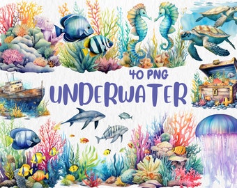 Watercolor Underwater Clipart | Underwater, Magical Sea, Aquatic Plants, Coral Life Illustrations | Instant Download for Commercial Use