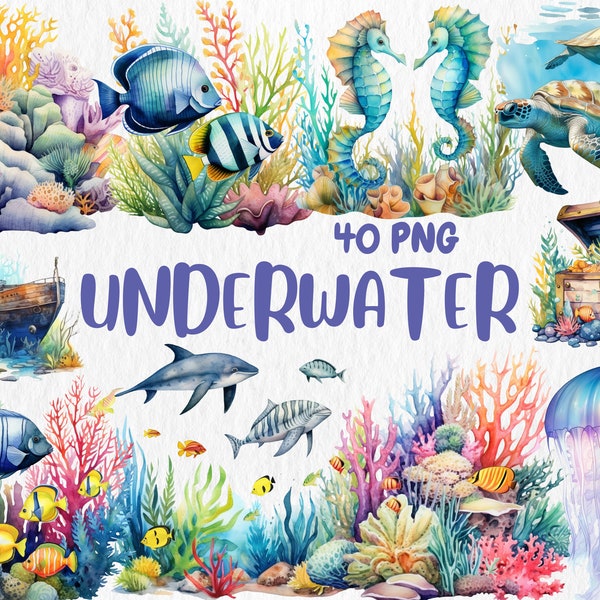 Watercolor Underwater Clipart | Underwater, Magical Sea, Aquatic Plants, Coral Life Illustrations | Instant Download for Commercial Use