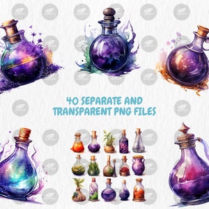 Watercolor Magic Potions Clipart | Painted Colorful Magic Potion Illustrations | 40 PNG Graphics | Instant Download for Commercial Use