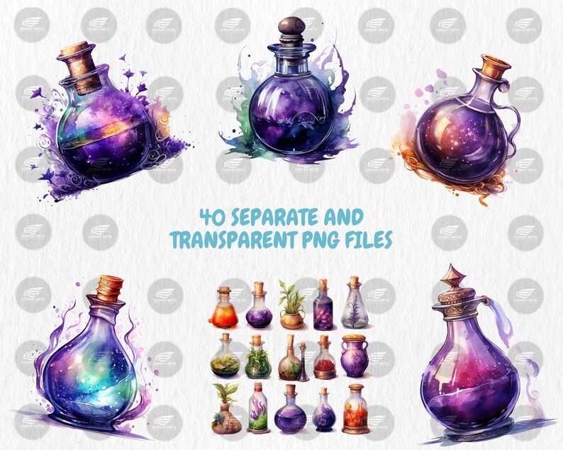 Watercolor Magic Potions Clipart | Painted Colorful Magic Potion Illustrations | 40 PNG Graphics | Instant Download for Commercial Use
