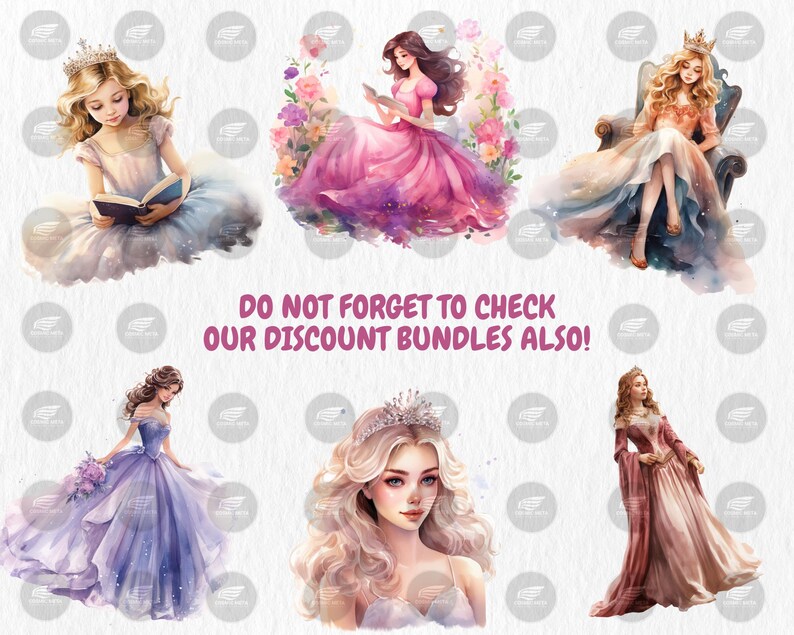 Watercolor Princess Clipart: 40 PNG Illustrations, DIY Party Themes ...
