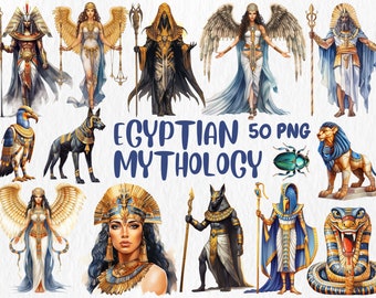Clipart di divinità egizie ad acquerello: Anubi, Osiride, Horus (download immediato)