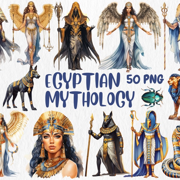 Clipart mythologie égyptienne à l'aquarelle | Illustrations d'Anubis, Osiris, Horus, Bastet, Thot, Ra, Seth | Téléchargement instantané pour une utilisation commerciale