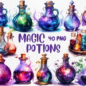 Imágenes prediseñadas de pociones mágicas de acuarela / Ilustraciones de pociones mágicas coloridas pintadas / 40 gráficos PNG / Descarga instantánea para uso comercial